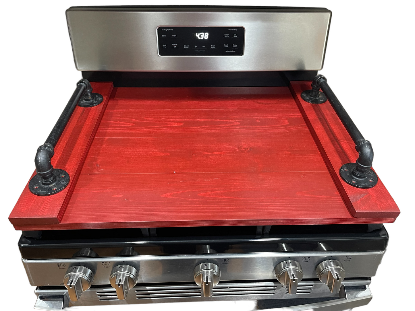 Handmade Industrial Farmhouse Stove Top Cover Noodle Board / Serving Tray Barn Red with Pipe Handles