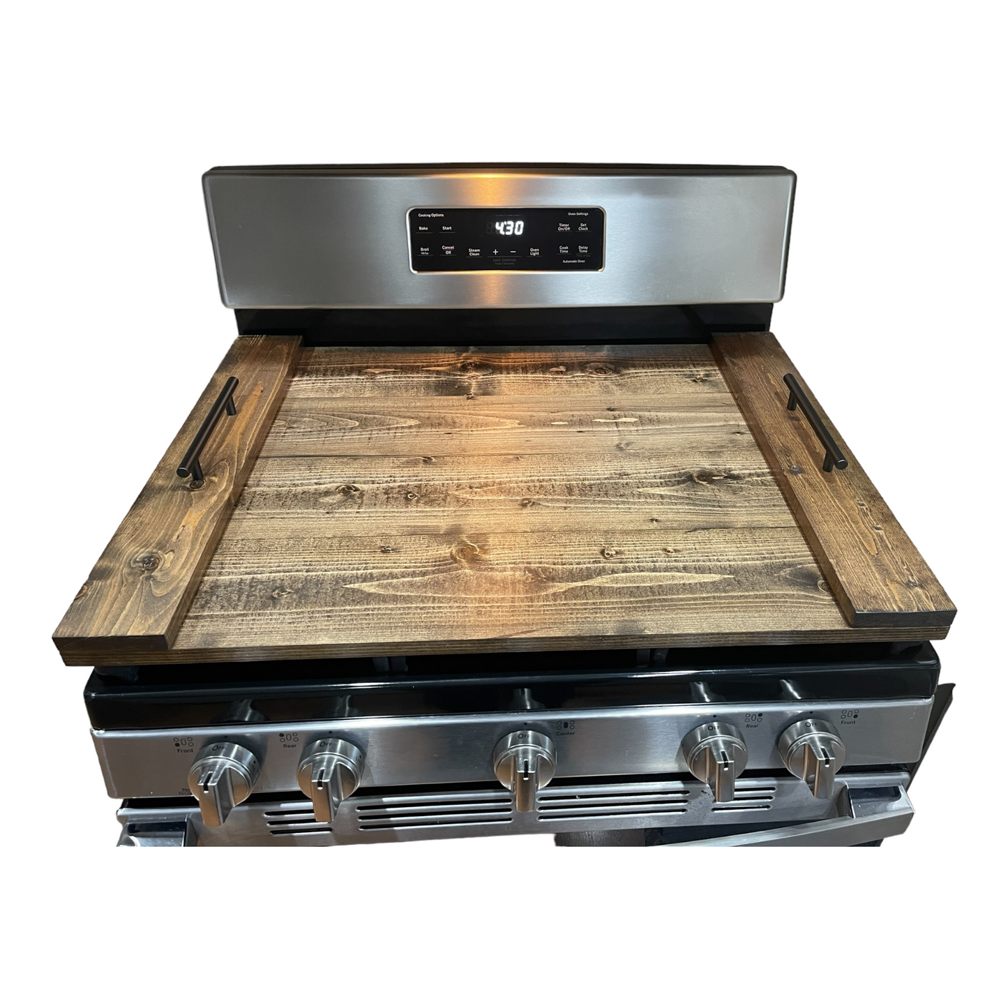 Handmade Industrial Farmhouse Stove Top Cover Noodle Board / Serving Tray Dark Walnut with Black Handles