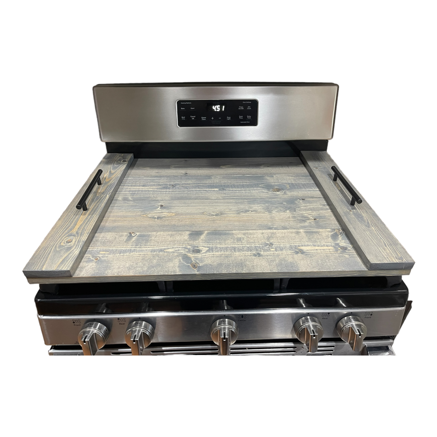 Handmade Industrial Farmhouse Stove Top Cover Noodle Board / Serving Tray Aged Barrel with Black Handles