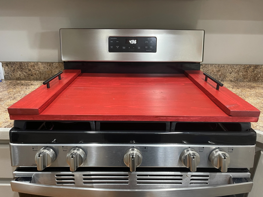 Handmade Industrial Farmhouse Stove Top Cover Noodle Board / Serving Tray Barn Red with Black Handles