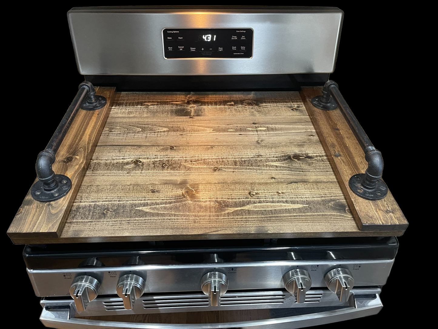 Handmade Industrial Farmhouse Stove Top Cover Noodle Board / Serving Tray Dark Walnut with Pipe Handles