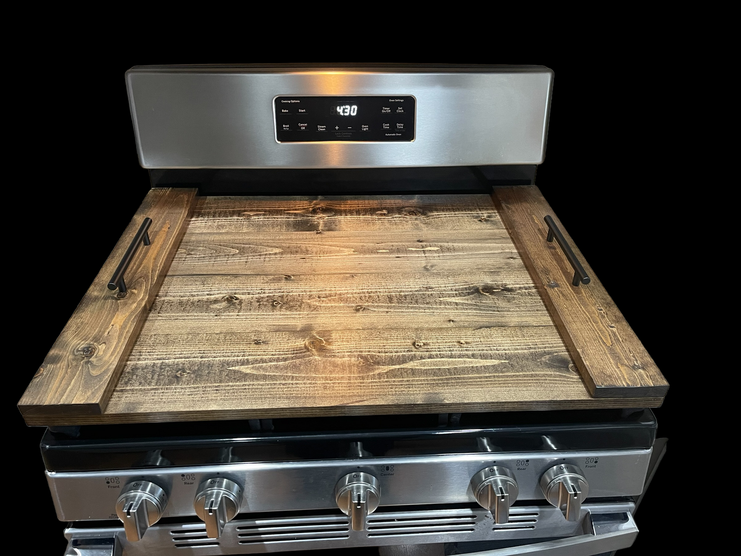 Handmade Industrial Farmhouse Stove Top Cover Noodle Board / Serving Tray Dark Walnut with Black Handles