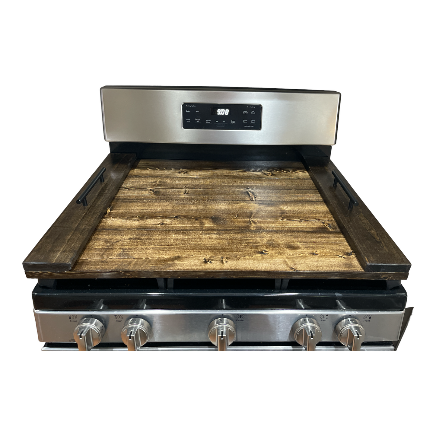 Handmade Industrial Farmhouse Stove Top Cover Noodle Board / Serving Tray Dark Walnut with Black Handles