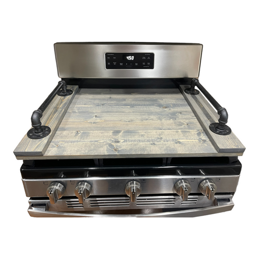 Handmade Industrial Farmhouse Stove Top Cover Noodle Board / Serving Tray Aged Barrel with Pipe Handles