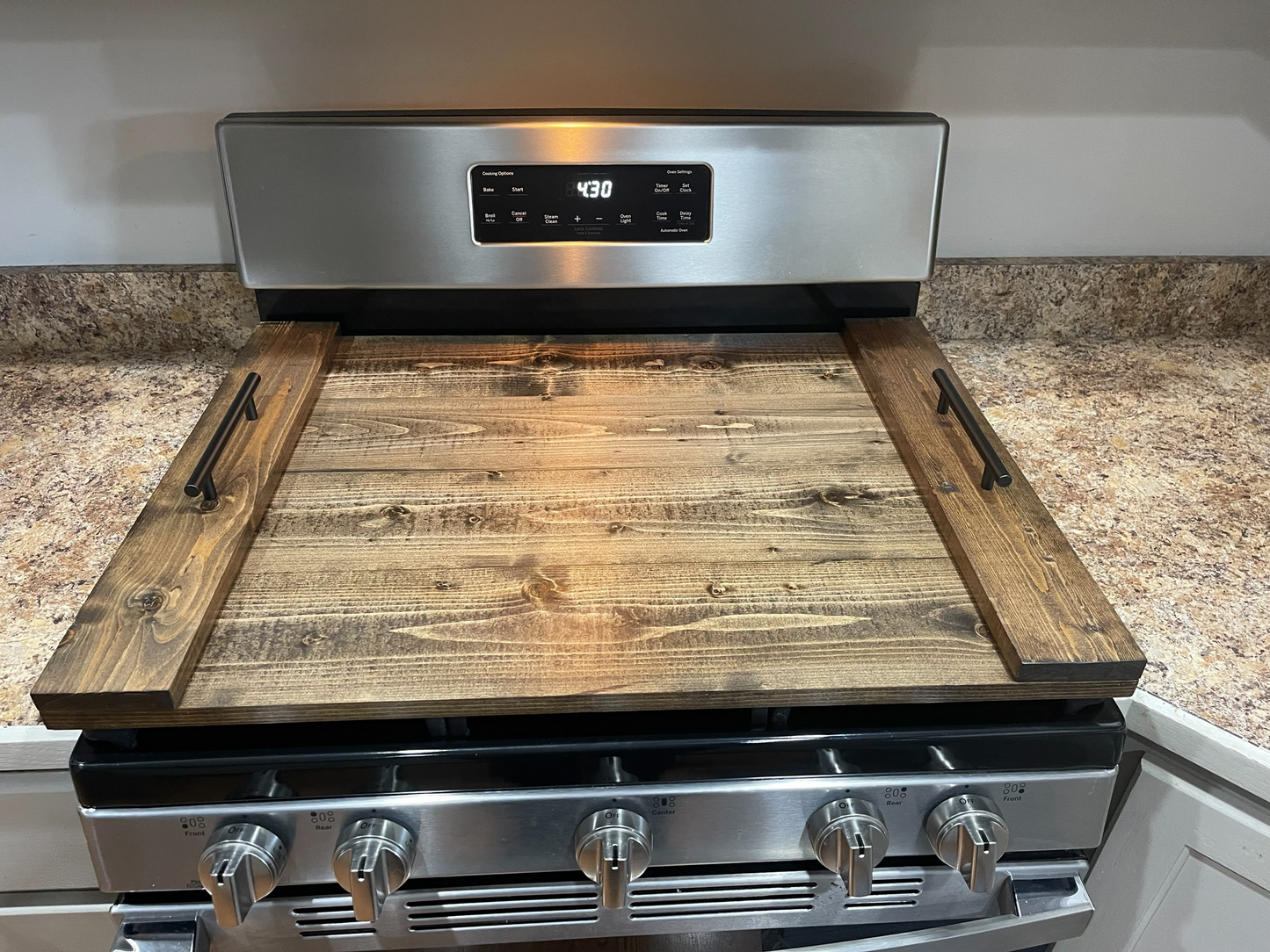 Handmade Industrial Farmhouse Stove Top Cover Noodle Board / Serving Tray Dark Walnut with Black Handles