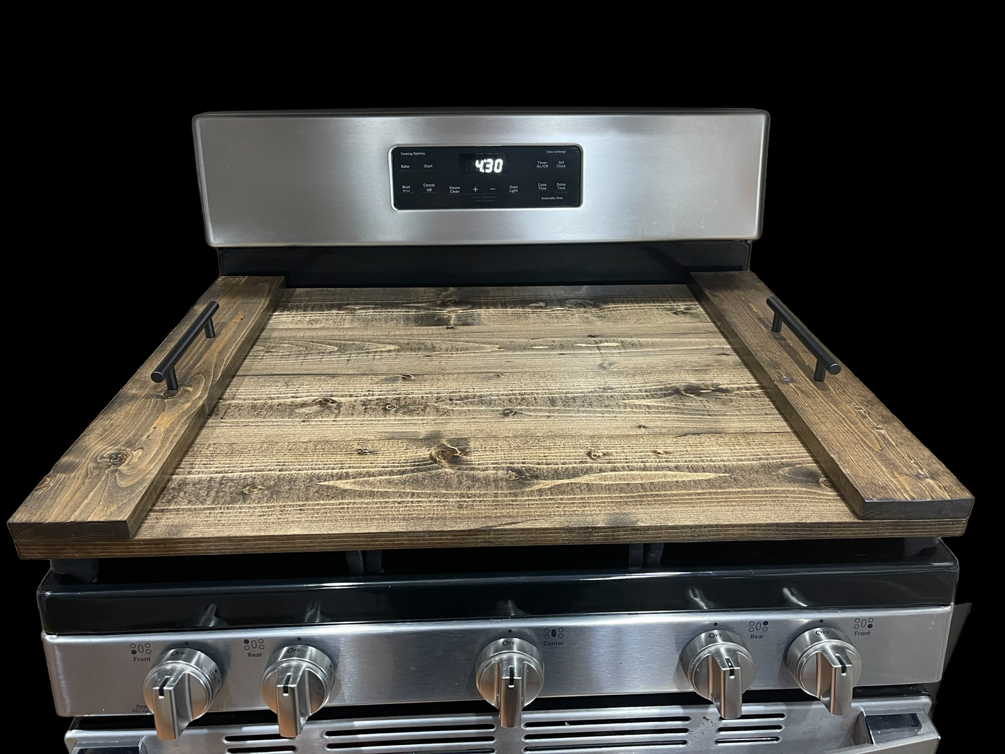 Handmade Industrial Farmhouse Stove Top Cover Noodle Board / Serving Tray Dark Walnut with Black Handles