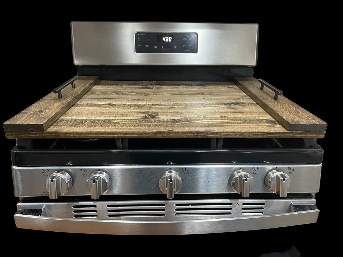 Handmade Industrial Farmhouse Stove Top Cover Noodle Board / Serving Tray Dark Walnut with Black Handles