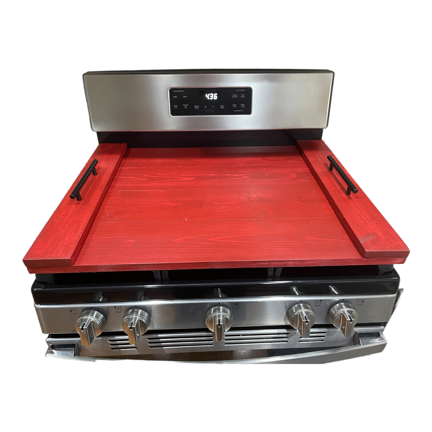 Handmade Industrial Farmhouse Stove Top Cover Noodle Board / Serving Tray Barn Red with Black Handles