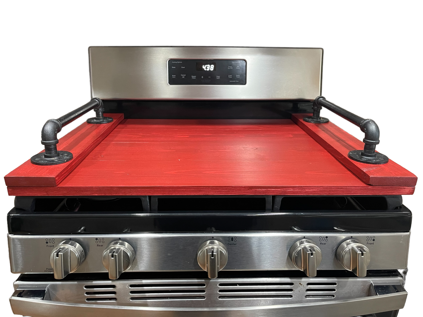 Handmade Industrial Farmhouse Stove Top Cover Noodle Board / Serving Tray Barn Red with Pipe Handles